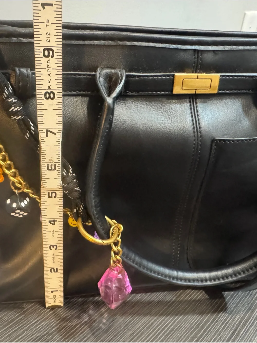 Steve Madden Black Leather Satchel with Colorful Charm Chain
